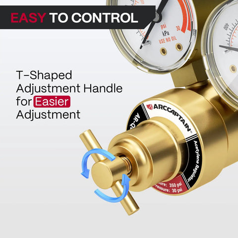 Go-To Dual Stage Oxygen And Acetylene Regulator Set With Easy Read Gauges, Brass Regulators, close-up of T-shaped handle