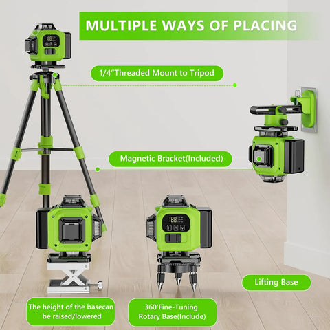 Multiple setups of the 16 Line 360 Self Leveling Green Laser Level With Tripod Kit shown, including magnetic bracket and lifting base.