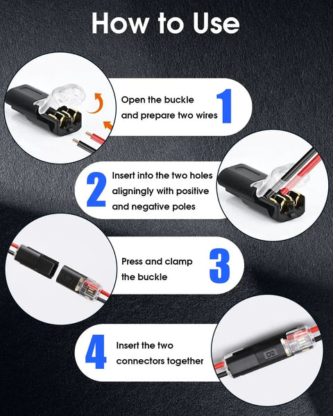 Instructions for use of 50 Pack Double Wire Connectors With Locking Buckle For 18 To 22 Awg Solderless Electrical Splices.