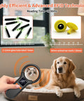 Pet Microchip Scanner For Dogs Cats And More, Rechargeable RFID EMID FDX B Reader In Use With Dog, Showing LCD Display And Tags