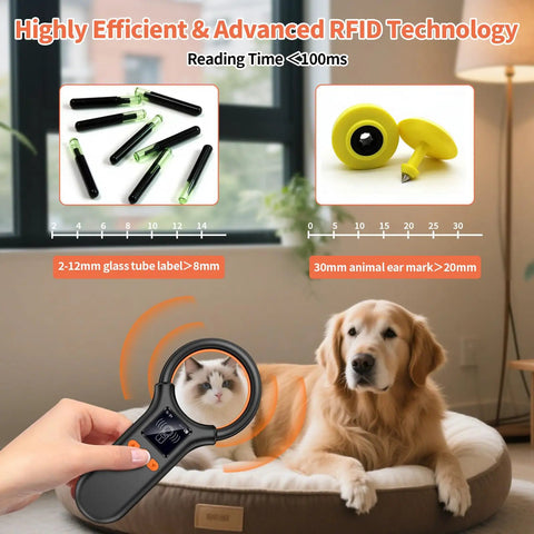 Pet Microchip Scanner For Dogs Cats And More, Rechargeable RFID EMID FDX B Reader In Use With Dog, Showing LCD Display And Tags