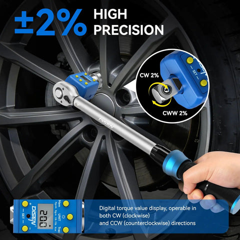 Half Inch Digital Torque Adapter Kit for Ratchets and Breaker Bars, 10 to 200 Nm, used on car wheel with LED display visible