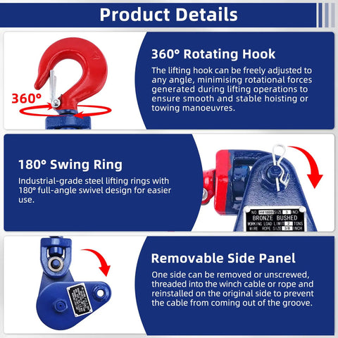 2 Ton Snatch Block With Hook Heavy Duty Pulley For Winches And Tow Rigs, Rugged 3 Inch Sheave, 3/8 Inch Wire, Shackle End Fittings, Converts Load Direction Up To 4400 Lb, Perfect For Off Road Recovery, blue steel block with 360° rotating hook