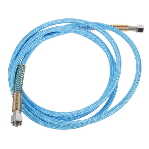 High Pressure Steam Hose For Steam Iron Three Meter Length in sky-blue with metal fittings, coiled view on white background.