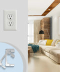 Galvanized Metal Outlet Spacers 2 Pack Flush Fit Device Leveling Plates for securing electrical outlet in modern living room.