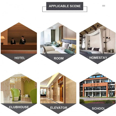 Image shows applicable scenes for No Fuss Corded Landline Telephone Packed With Gotta Have HD Sound, including hotel, room, homestay, clubhouse, elevator, and school.