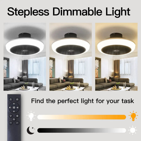Bladeless Ceiling Fan With Lights Remote Control Three Color Temperature Adjustable Wind Speeds Quiet Enclosed Low Profile Ceiling Fan For Your Bedroom Or Living Room With Built In Copper Motor shown with light temperature options displayed.