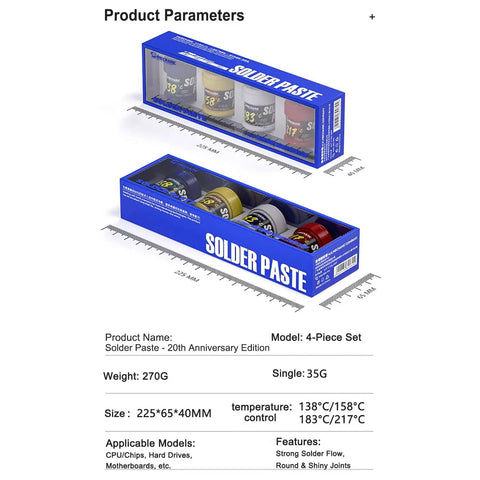 Lead Free Solder Paste 4 Pack No Clean Flux For PCB Repair And Small Component Work, Low Temp Melting Points 138C 158C 183C 217C, 50G Each, Pushing Type For Smooth Flow And Minimal Waste, Ideal For Motherboard And CPU, packaging view