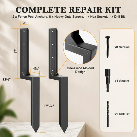 Tough As Nails Fence Post Repair Kit With Heavy Duty Steel Anchor Stakes for 4X4 and 6X6 wood posts including anchors, screws, socket, drill bit.