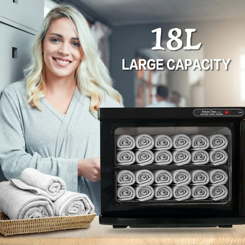 18L Professional Towel Warmer For Salons And Spas Pro Grade Black Towel Warmer Cabinet with towels, woman smiling next to it.