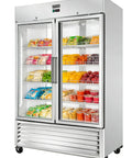 No Fuss Commercial Reach In Freezer 54 Inch Wide Double Glass Door 46 Cubic Feet displaying various frozen food items.