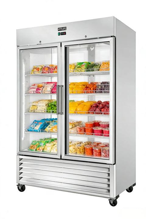No Fuss Commercial Reach In Freezer 54 Inch Wide Double Glass Door 46 Cubic Feet displaying various frozen food items.