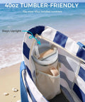 Interior view of Large Waterproof Sandproof Beach Tote Bag With Zipper, Family Pool Bag With 40oz Tumbler Pocket at the beach