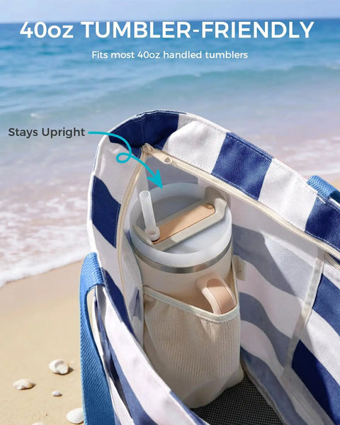 Interior view of Large Waterproof Sandproof Beach Tote Bag With Zipper, Family Pool Bag With 40oz Tumbler Pocket at the beach