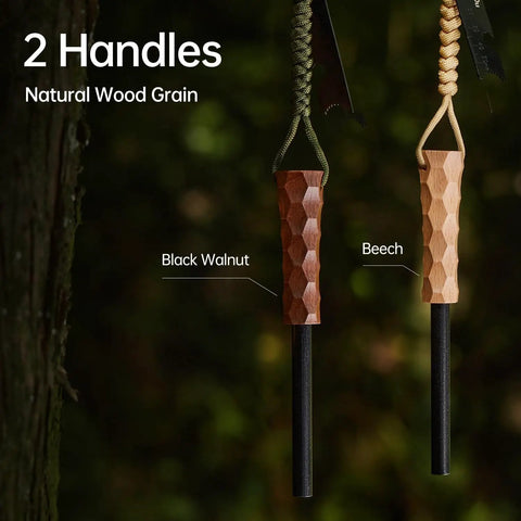 Go To Survival Flint And Steel Fire Starter Kit For Hiking And Camping with walnut and beech handles, shown outdoors