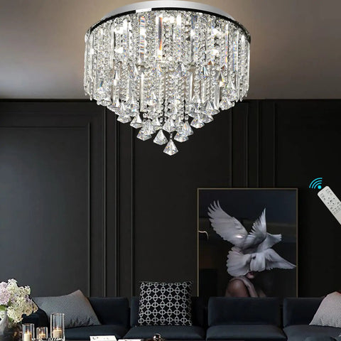 20 Inch Modern Crystal Ceiling Lamp Diamond Crystal Chandelier With Chrome Stainless Steel Finish Bedroom Bathroom Living Room Lighting LED Bulbs Included Dimmable Remote Stepless Color Temperature 3000 To 6000K hanging in a living room.