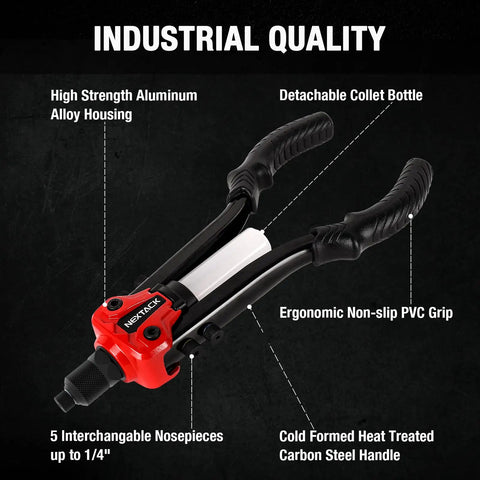 Heavy Duty Two Handed One Quarter Inch Pop Rivet Gun Kit With 350 Aluminum Rivets Five Nosepieces Built In Shaft Catcher