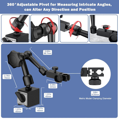 Dial test indicator with magnetic base stand, adjustable arms, and 3 metal dovetail clamps in black storage case