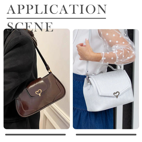 Brown leather shoulder bag and light gray handbag, both with heart turn-lock closures.