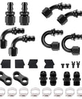 6AN Push Lock Fittings Kit With 0 Degree 45 Degree 90 Degree 180 Degree Angles, AN6 Male To Male Coupler, 23 Piece Kit shown