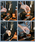 Premium 58mm Bottomless Portafilter With Thick Walnut Handle For Breville Dual Boiler And Oracle Touch Espresso Machines shown with coffee grounding process.