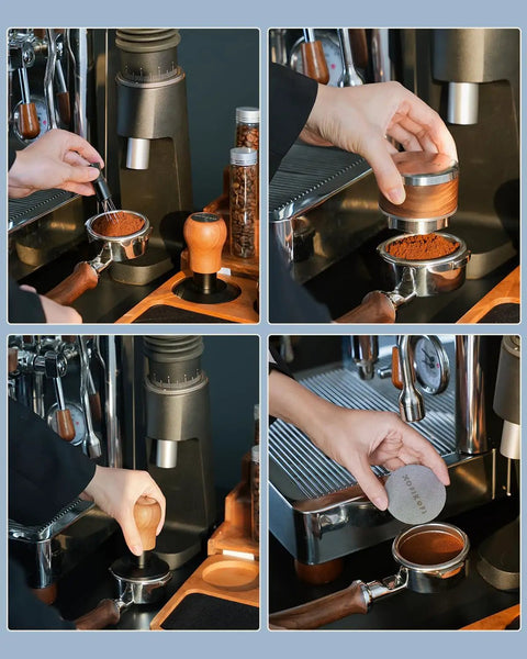 Premium 58mm Bottomless Portafilter With Thick Walnut Handle For Breville Dual Boiler And Oracle Touch Espresso Machines shown with coffee grounding process.