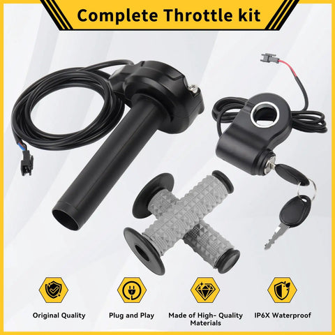 Full Twist Throttle With Ignition Switch For Electric Dirt Bikes shown with plug and play connectors and full-hand grip
