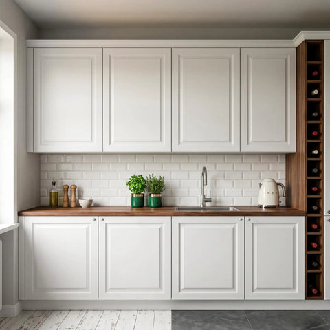 Modern kitchen with white cabinets and wooden countertop, featuring sleek design and integrated wine rack.