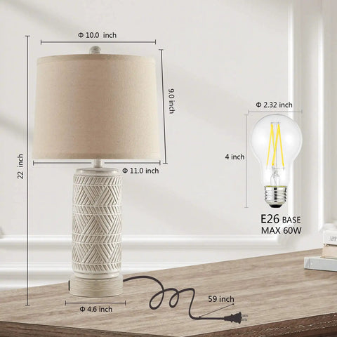 Rustic Ceramic Table Lamps Set Of 2 With 3 Way Dimmable Lighting, Dual USB Ports, Linen Fabric Shade, LED Bulbs Included
