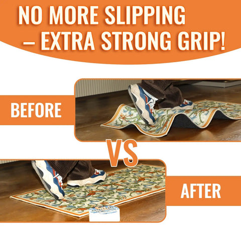 Heavy Duty Double Sided Carpet Tape With Reinforced Grid For Ultra Strong Hold On Hardwood Floors Tile Laminate And Concrete No Damage Rug Gripper Stays Put Up To 20 Lbs Per Sq Ft Pet Friendly Easy To Remove showing before and after of rug sliding prevention.