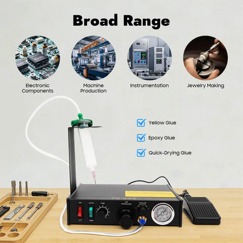 Pro Grade Semi Automatic Glue Dispenser Machine For Electronics With 0.01ml Precision And Vacuum Suck Back Solder Paste Controller Liquid Adhesive Dropper Timer Controlled Bonding Of Tiny Components And PCBs on workbench