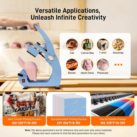 Dope Curved Hat Heat Press Machine With 6.54 By 3.84 Inch Plate showing versatile applications for apparel printing