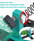Rotatable 360 Degree Solder Holder And PCB Helping Hands Set showing instructions for clamping PCBs with sturdy metal base.
