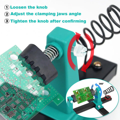 Rotatable 360 Degree Solder Holder And PCB Helping Hands Set showing instructions for clamping PCBs with sturdy metal base.
