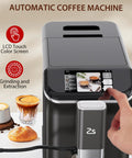 Straight Up Fully Automatic Espresso Machine With 20 Bar Pressure One Touch Cappuccino And Latte Brewer Black and Silver with LCD touch screen.