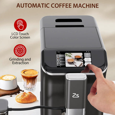 Straight Up Fully Automatic Espresso Machine With 20 Bar Pressure One Touch Cappuccino And Latte Brewer Black and Silver with LCD touch screen.