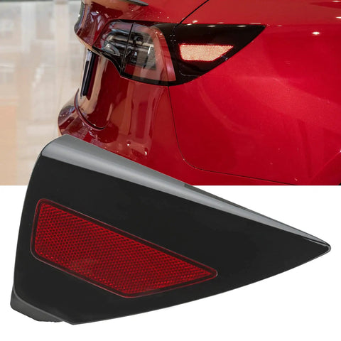Bolt On Replacement Right Side Rear Bumper Reflector Cover With Bold Red Lens For Tesla Model 3 And Model Y 2017 To 2020 Models at an angle.