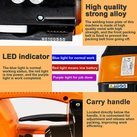 Handheld Automatic Hot Melting Strapping Tool For 13 To 16 Mm Pp Pet Straps With Rechargeable Battery showing LED indicators and carry handle.