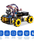 Front view of ACEBOTT smart robot car kit with yellow 4WD mecanum wheels, exposed wiring and control electronics.