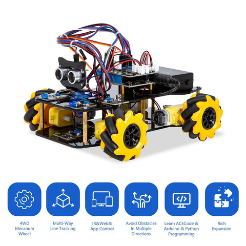 Front view of ACEBOTT smart robot car kit with yellow 4WD mecanum wheels, exposed wiring and control electronics.