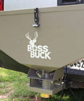 Rear view of ATV Broadcast Spreader with Wireless Control and Adjustable Flow, 80 lb capacity, attached to vehicle