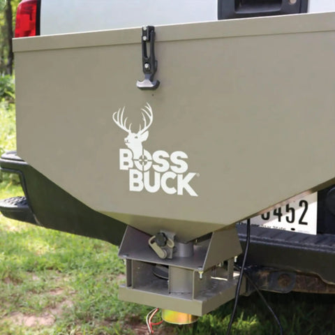 Rear view of ATV Broadcast Spreader with Wireless Control and Adjustable Flow, 80 lb capacity, attached to vehicle