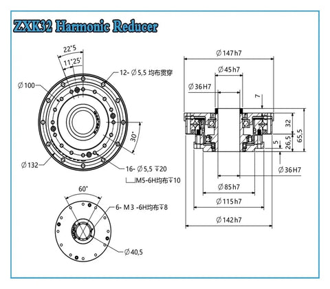 Technical drawing of Rock Solid Hollow Harmonic Drive Reducer With Strain Wave Gearing for servo motor applications.