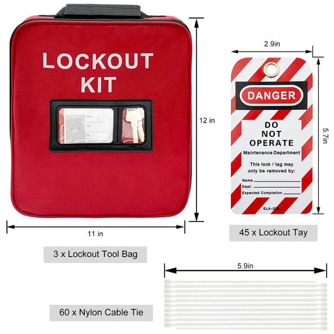 Image showing Three In One Lockout Tagout Kit For OSHA Safety Compliance with lockout bag, danger tags, and nylon cable ties displayed.