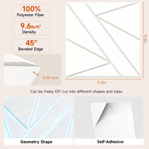 Super Easy Peel And Stick Acoustic Wall Panels High Density Polyester Fiber Sound Absorbing Tiles 12 Pack Snow White close-up showing 11.8 inch size and beveled edge.