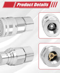 Two 1/2 in NPT flat-face hydraulic quick-connect fittings with dust covers, ISO 16028, chrome-plated for skid steer use.