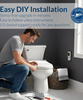 Man installing Straight Up Luxe Electric Bidet Toilet Seat With Super Comfy Heated Seat in a modern bathroom.