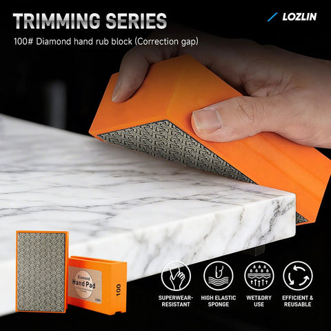 Diamond hand rub block being used on marble surface, showcasing durability and grip.