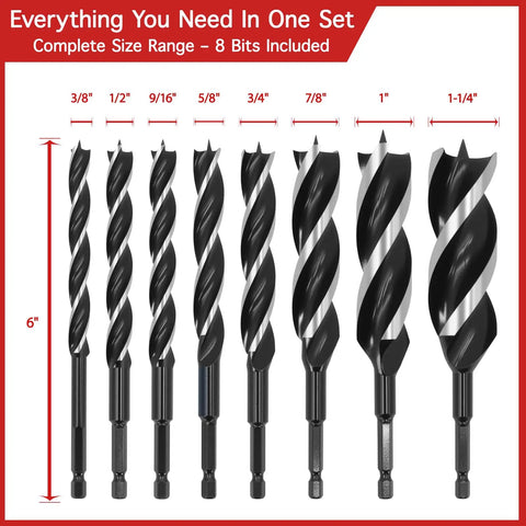 Auger Drill Bit Set For Wood With Patented 3 Cutter Head And Quad Point Tip 8 Piece Hex Shank Wood Drill Bits 6 Inches Long