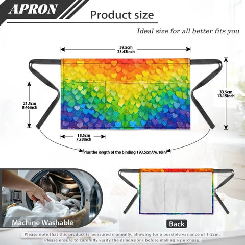 Rainbow Hearts 3 Pocket Waist Short Apron Waterproof Oil Resistant Half Apron dimensions and washing instructions